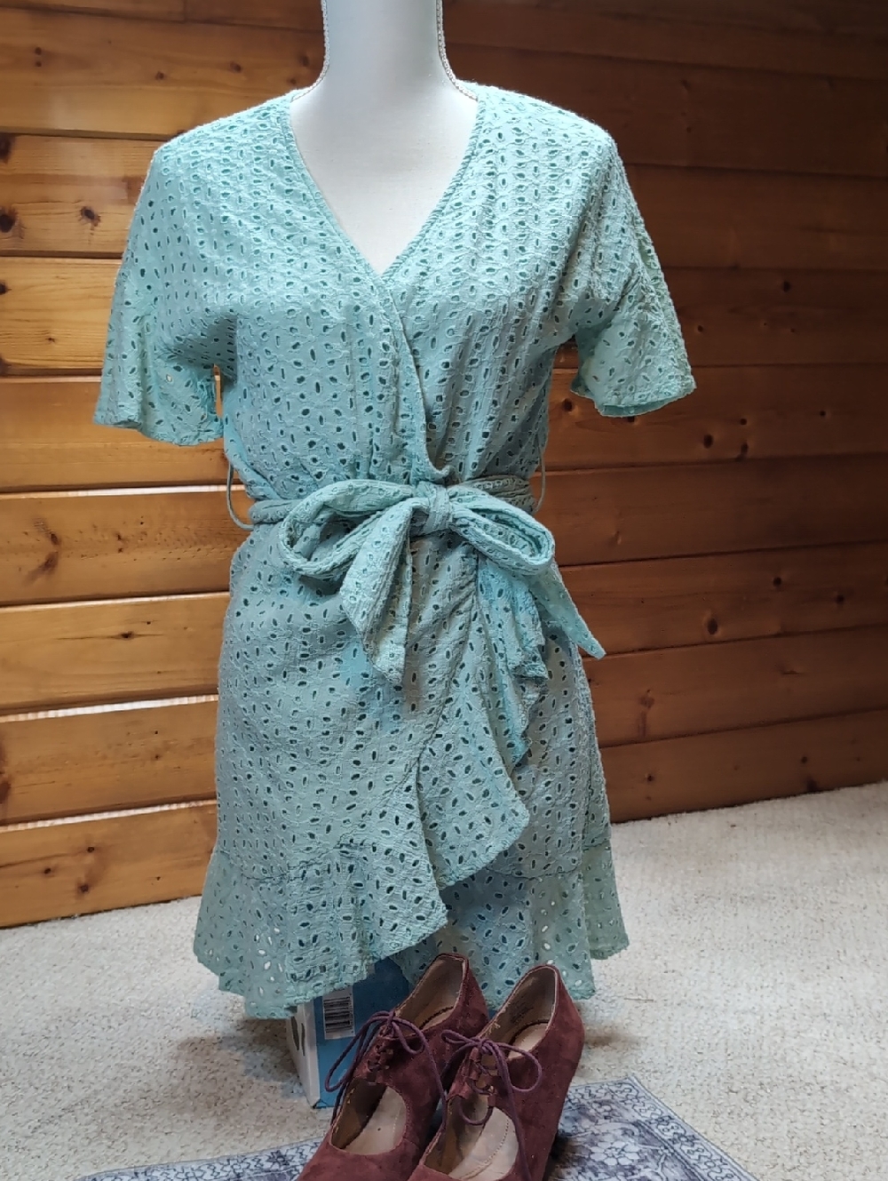 Eyelet Wrap Dress in Mint Green - Lightweight Summer Style
